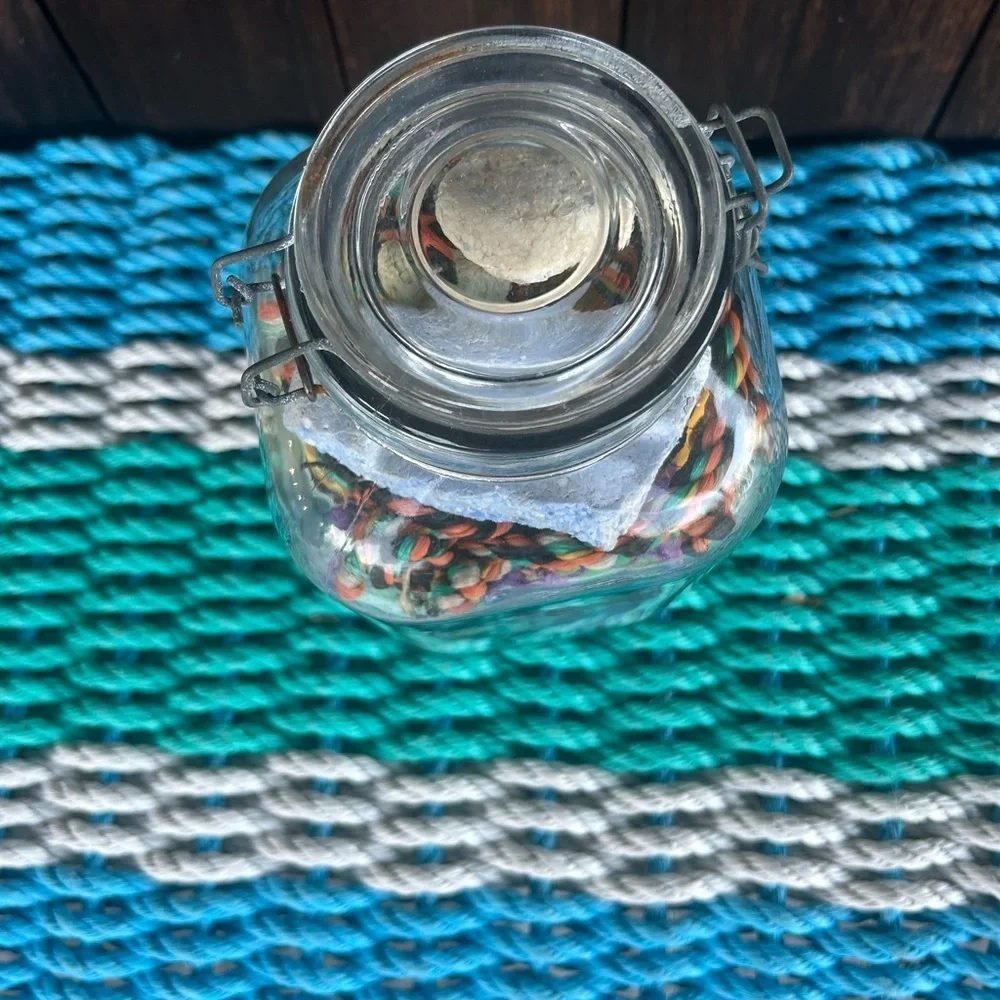 Vintage Glass Jar with Montauk Beach Finds. Sun bleached Buoys, Sea Rope etc